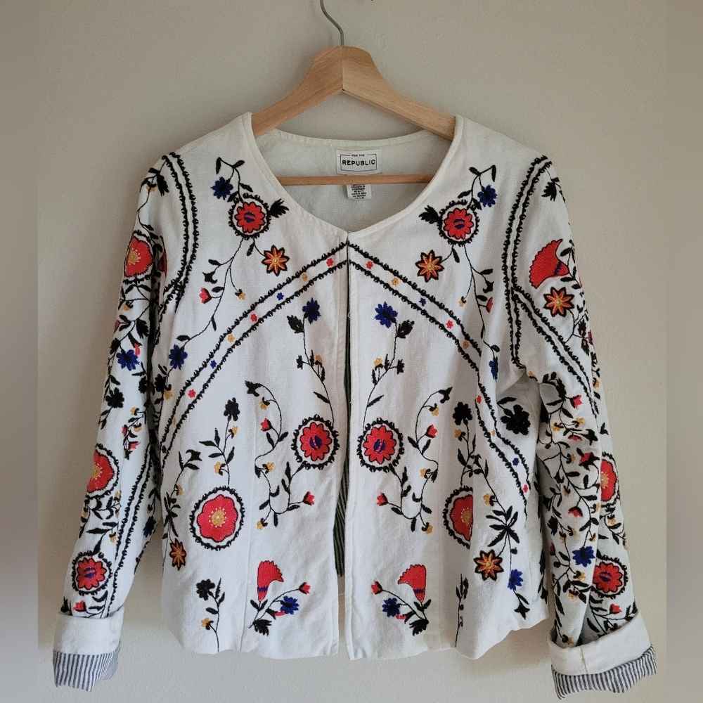 For The Republic Cotton Embroidered Jacket with Floral Pattern Size Small